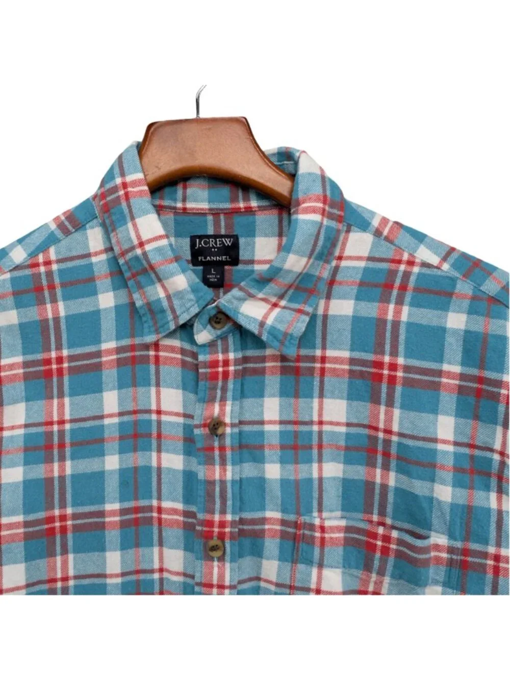 J.CREW Plaid Flannel Shirt Mens Aqua Blue Red Long Sleeve Button Down Size L